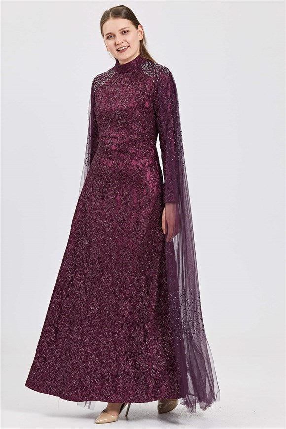 Women's Tulle Detail Gemmed Damson Lace Evening Dress