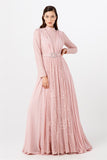 Women's Gem Buckle Belted Powder Rose Lace Chiffon Evening Dress