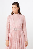 Women's Gem Buckle Belted Powder Rose Lace Chiffon Evening Dress