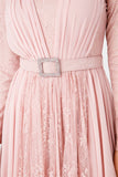 Women's Gem Buckle Belted Powder Rose Lace Chiffon Evening Dress