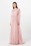 Women's Gem Buckle Belted Powder Rose Lace Chiffon Evening Dress