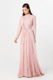 Women's Gem Buckle Belted Powder Rose Lace Chiffon Evening Dress