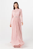 Women's Gem Buckle Belted Powder Rose Lace Chiffon Evening Dress