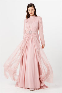 Women's Gem Buckle Belted Powder Rose Lace Chiffon Evening Dress