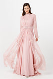 Women's Gem Buckle Belted Powder Rose Lace Chiffon Evening Dress