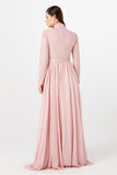 Women's Gem Buckle Belted Powder Rose Lace Chiffon Evening Dress