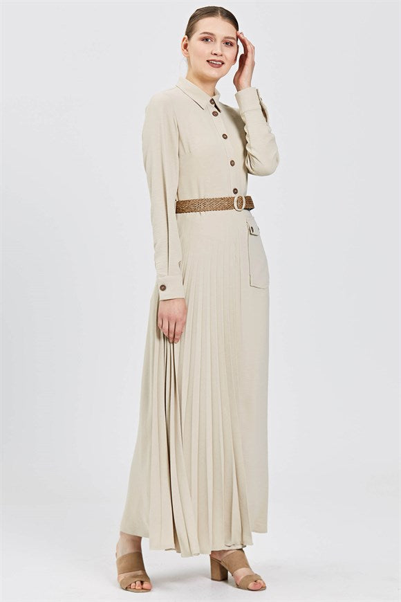 Women's Pleated Beige Dress