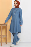 Women's Fringe Detail Necklace Accessory Light Blue Denim Tunic & Pants Set