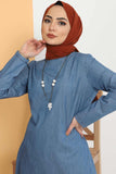 Women's Fringe Detail Necklace Accessory Light Blue Denim Tunic & Pants Set