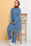 Women's Fringe Detail Necklace Accessory Light Blue Denim Tunic & Pants Set