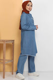 Women's Fringe Detail Necklace Accessory Light Blue Denim Tunic & Pants Set