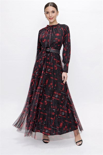 Women's Long Sleeves Floral Pattern Black Tulle Dress