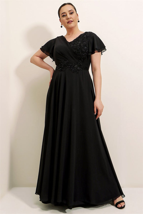 Women's Ruffle Sleeves Beaded Black Chiffon Dress