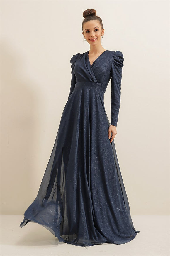 Women's Wrap Collar Pleated Glitter Navy Blue Dress