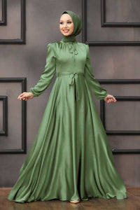 Women's Balloon Sleeves Almond Green Modest Evening Dress